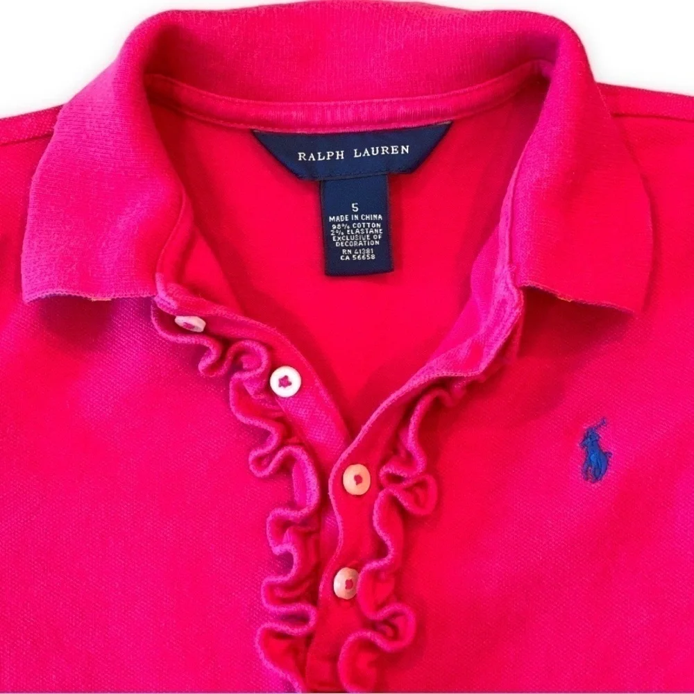 𝅺Ralph Lauren Size 5 Pink Ruffle Long Sleeve Polo w/Blue/Yellow Stripe Collar